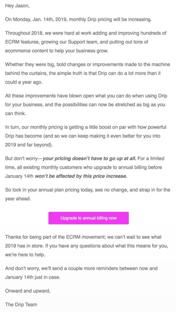 drip pricing increase email